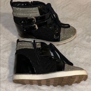 Stuart Weitzman Black and Silver Quilted Wedge Sneakers, girls